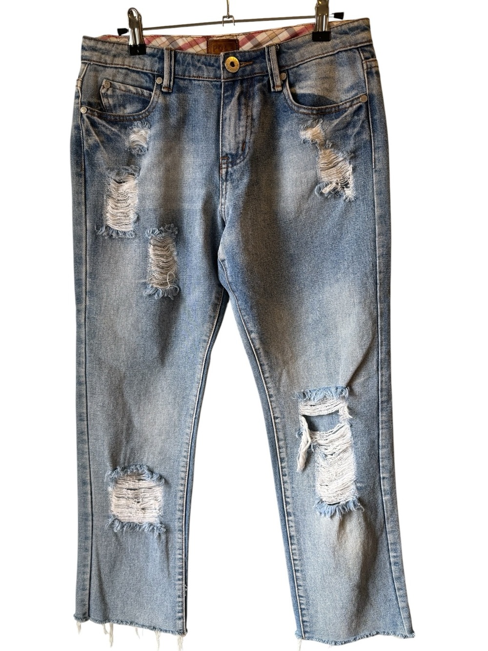 POL Women’s Light Blue Distressed Boyfriend crop Jeans